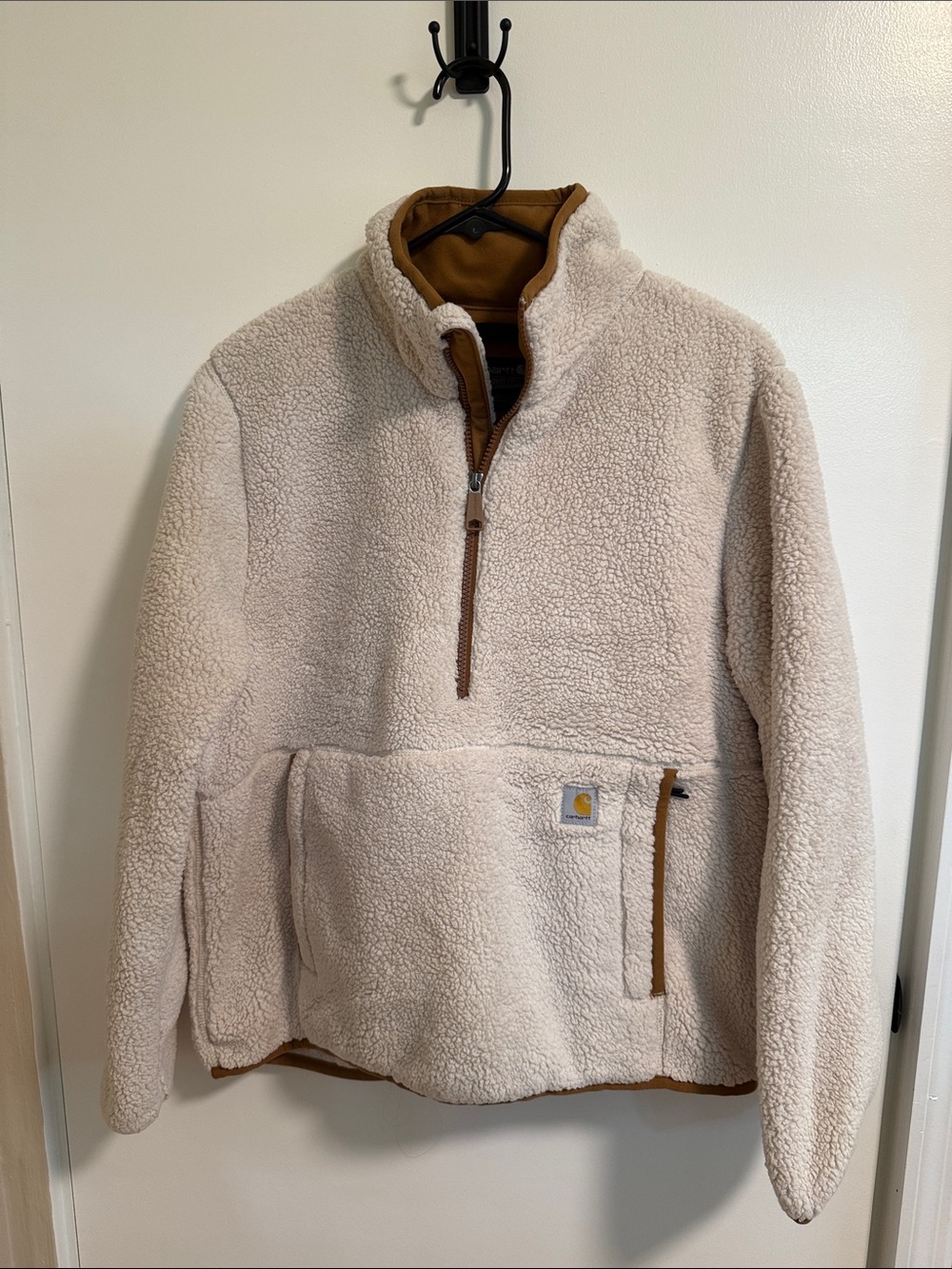 Carhartt Women’s Small Cream Sherpa Half-Zip Pullover with Brown Trim